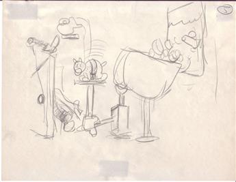 GOLDBERG, RUBE. Group of 5 graphite drawings, unsigned, sketches for an unnamed cartoon strip,